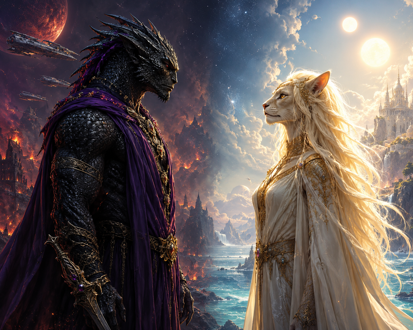 A dark dragon-lord and a luminous lioness goddess face each other across worlds of fire and light.